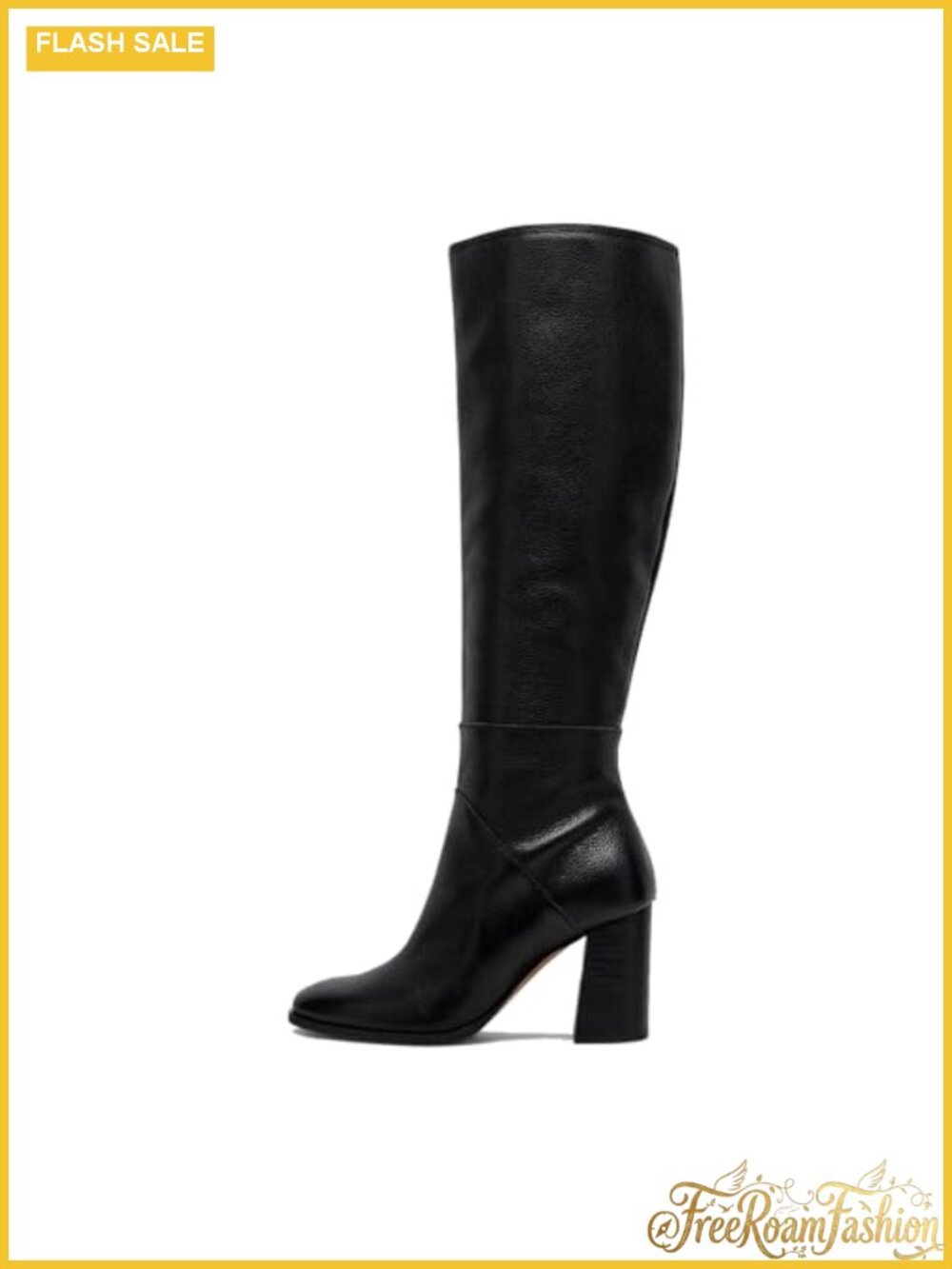 Women's Chunky Heel Square Toe Knee High Boots Side Zipper Faux Leather
